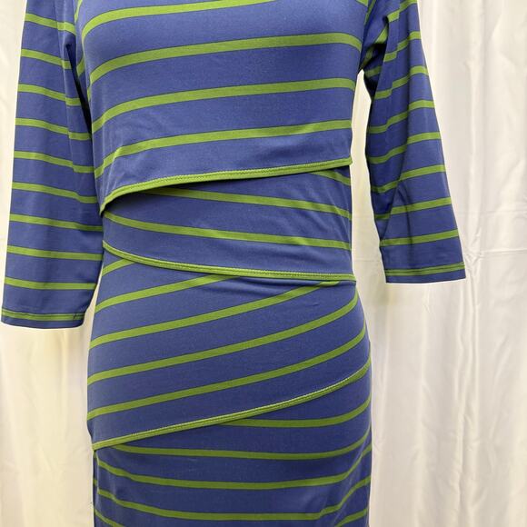 J. McLaughlin XS Blue Green Striped Dress 3/4 Sleeve Layered Ruched Sheath - Picture 8 of 8
